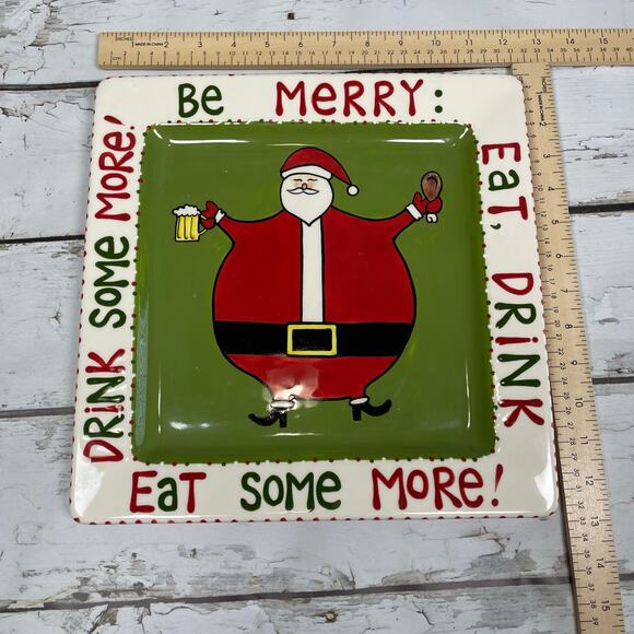 Lorrie Veasey our name is mud Christmas Santa serving platter party 12x12 square - Picture 1 of 5
